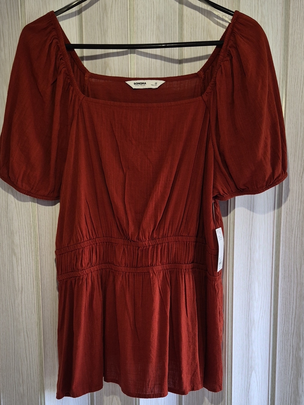 Sonoma Brick Red Smocked Waist Peasant Top